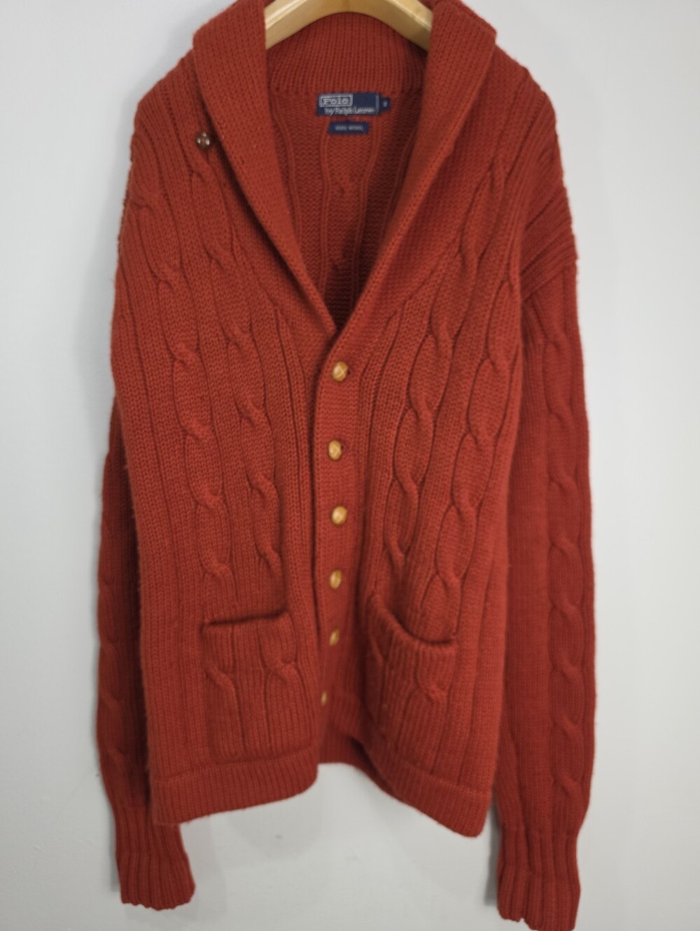Ralph Lauren Men's Cable-Knit Shawl Collar Cardigan Rust Red 100% Wool
